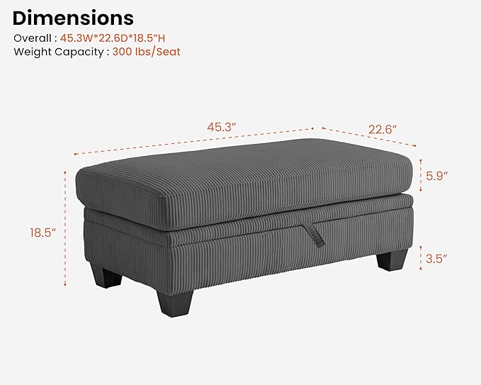 CHIC HOUSE Middle Module for Modular Couch Corduroy Customizable Chaise Storage Ottoman for Sectional Sofa Armrest Single/Double Seater