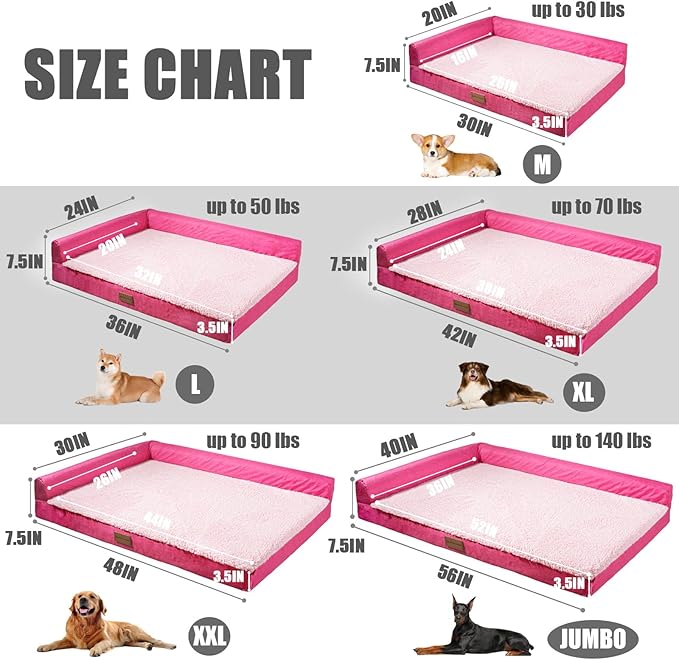 Patas Lague Orthopedic Jumbo Dog Bed for Extra Large Dogs 56''X40'' Waterproof L Bolster Pet Sofa Beds with Removable Washable Cover Soft Comfortable Pet Couch Crate Mat with Nonskid Bottom Pink