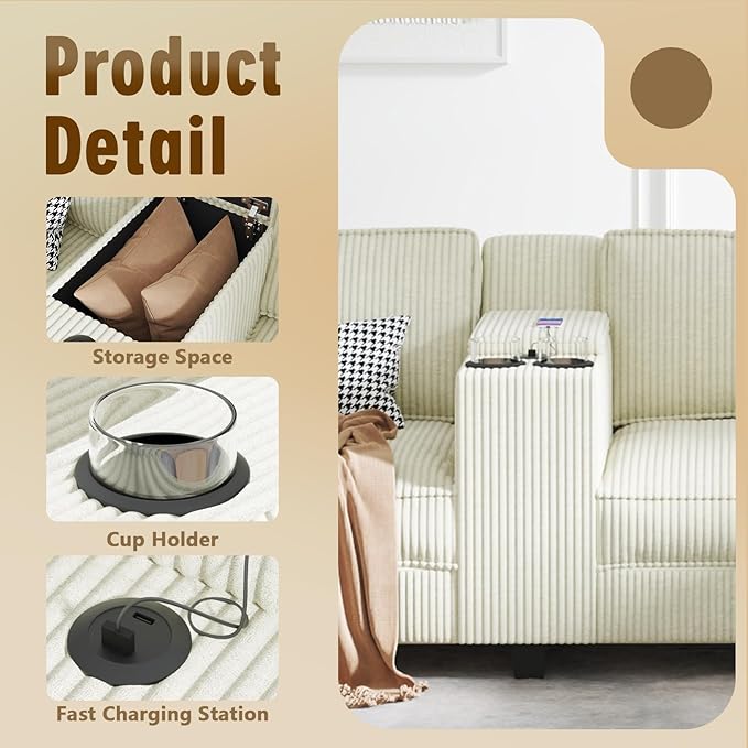KEIKI 133 L-Shaped Oversized Corduroy Modular Sectional Sofa with Multi Functional Console Convertible 6-Seater Upholstered Couch with USB and 2 Cup Holder Easy Assembly for Living Room Beige