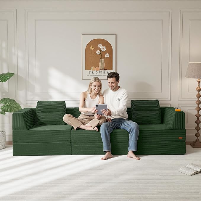 COMAX Futon Sofa Bed 3 Seater 106 Convertible Sofa Bed Couches for Living Room 4 in 1 Folding Boneless Sleeper Corduroy Couch Foam in a Box Comfy Foldable Lounge Fold Out Floor Mattress Green