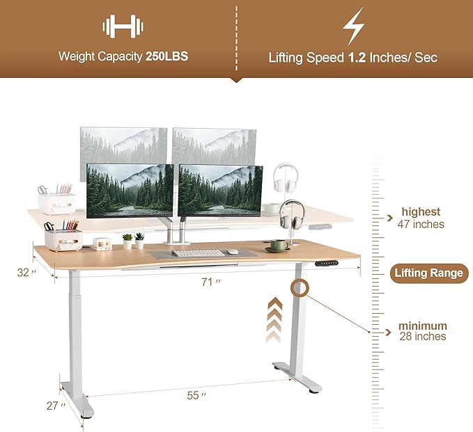 Electric Standing Desk 71 x 32 Inches Dual-Motor Height Adjustable Desk Electric Sit Stand Desk Home Office Desks (71 Natural Maple Ergonomic/White Frame)