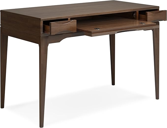 SIMPLIHOME Harper Small Desk - 48 Inch Wide Solid Hardwood Writing Desk in Walnut Brown Mid-Century Modern Home Office Computer Table for Study with 2 Drawers and Flip-Down Keyboard Tray