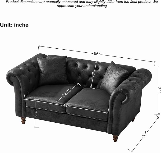 Loveseat Velvet Fabric Two- Seater Couch Buckle Design and Rivet Decoration Deep Seated Double Sofa Suitable for Living Room Bedroom Apartment Hotel etc (black-05)