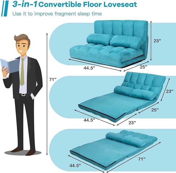 COSTWAY Floor Sofa Couch with 2 Pillows Foldable 6-Position Adjustable Lazy Sofa Bed Sleeper with Metal Frame Soft Suede Fabric Gaming Playing Lounge Recliner for Adults (Blue)