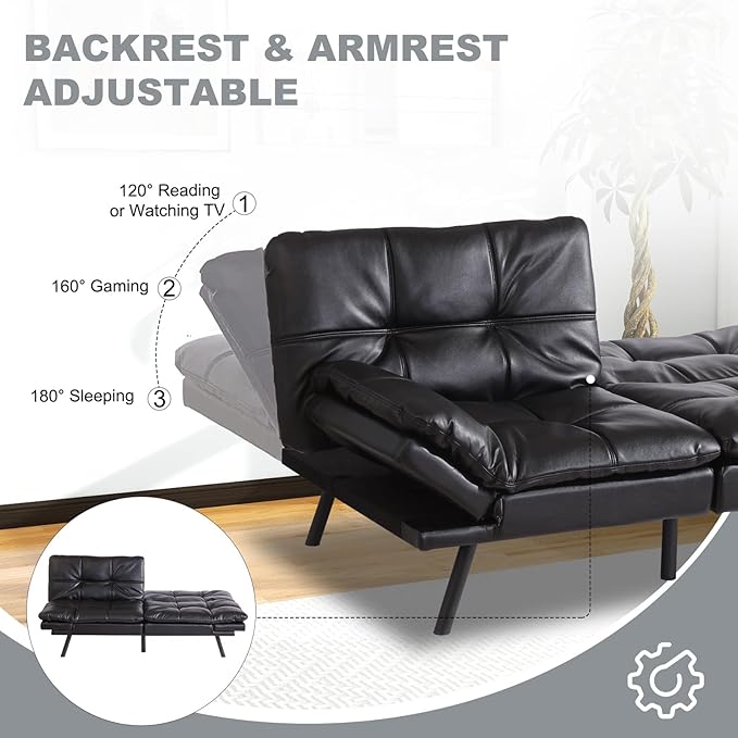 MUUEGM Futon Sofa Bed Convertible CouchMemory Foam Futon Sofa CouchSleeper Futons Sofa CouchesSmall Splitback Modern Loveseat Sofa Bed for Living RoomOfficeApartmentFaux LeatherBlack.