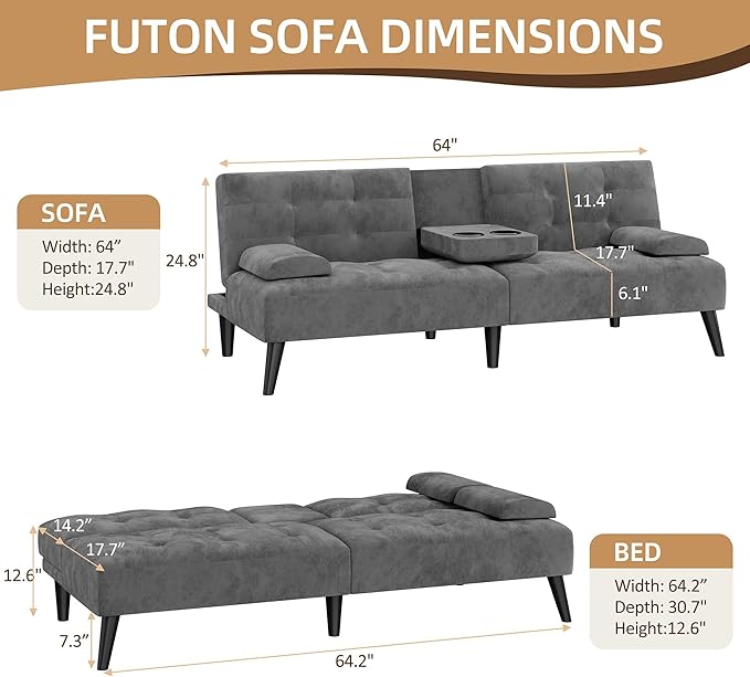 Shintenchi Futon Sofa Bed Velvet Foldable Couch Reclining Sleeper with Removable Armrests Upholstered Loveseat Sofa Couch with Folding Cup Holders for Home Office Dark Gray