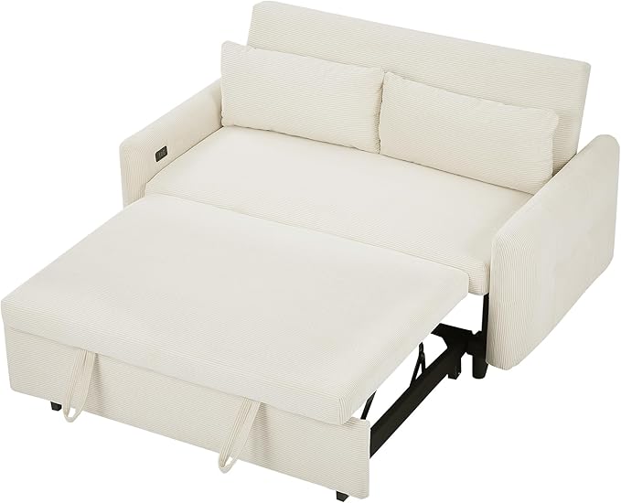 Modern 57.48 Pull-Out Sofa Bed 2 Seater Loveseats Sofa Futon Couch with Adjustable Backrest Convertible Couch Sleeper Sofa with Two Throw Pillows for Living Room (BeigeCorduroy Fabric)
