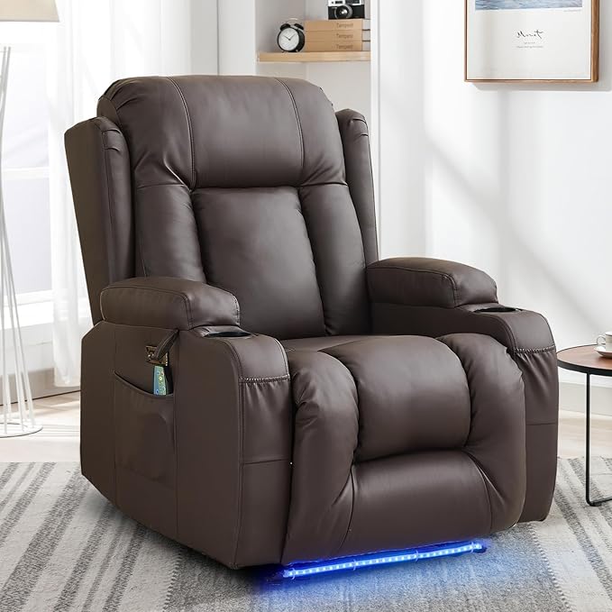 Power Recliner Chair PU Leather Home Theater Seating Chair for Adults with Massage &amp Heat Comfy Single Reclining Sofa Chair for Living Room with USB Port/Led Light/Cup Holder (Brown)