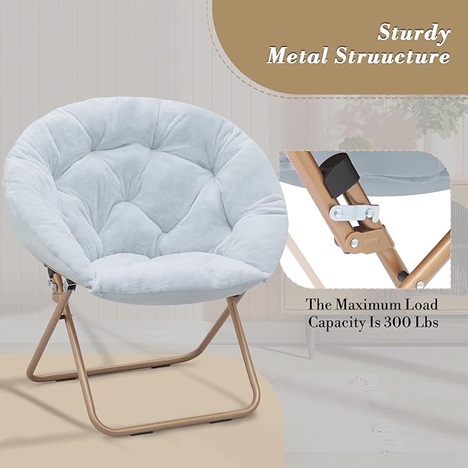Athena Collection Round Saucer Chair with Ottoman Set of 2 for Adults Oversize Comfy Cozy Faux Fur Folding Reading Chair with Metal Leg Lazy Relaxing for Living Room Bedroom Dorm Apartment Blue