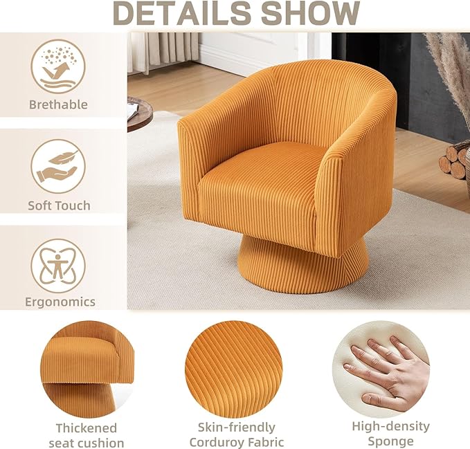 Swivel Accent Chair Modern 360° Barrel Chair Corduroy Upholstered Single Sofa for Living Room Bedroom(Mustard)