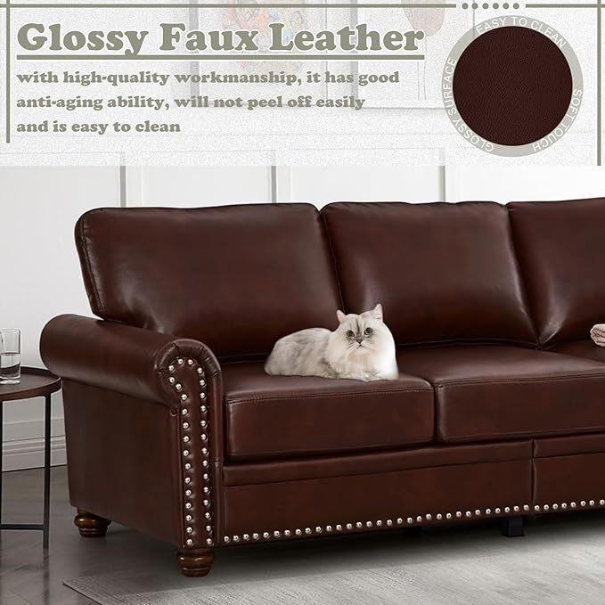 Antetek Comfy Upholstered PU Leather Sofa 82.6-inch Mid-Century Modern Loveseat Sofas with Storage Space &amp Solid Bun Feet 3-Seater Couches for Living Room Small Space Bedroom Brown