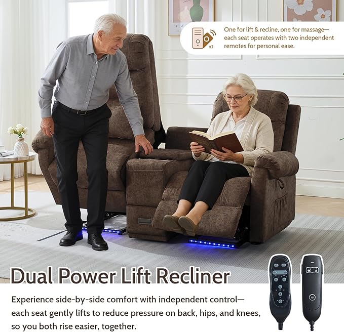 Power Lift Recliner LoveseatVelvet Reclining Loveseat Sofa RV Couch with ConsoleDual Power Lift Recliner Chair for Elderly with Heat and MassageElectric Lift Chairs for Living Room (Brown)