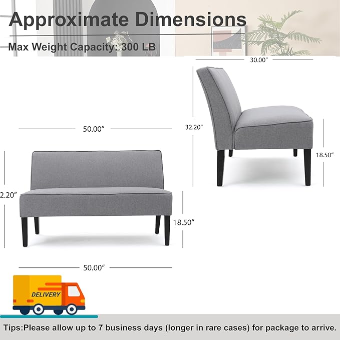 50'' Loveseat Sofa Modern Two-Seater Compact Upholstered Sofa for Small Space Bedroom Hallway Bench Grey.