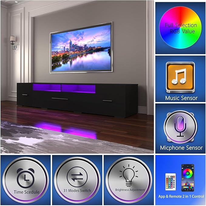 LED TV Stand for 55 65 75 85 Inch TV Minimalism Entertainment Center with LED Light Symmetric Assembled TV Console TV Table with Large Storage for 60 70 80 Inch TV for Living Room Black