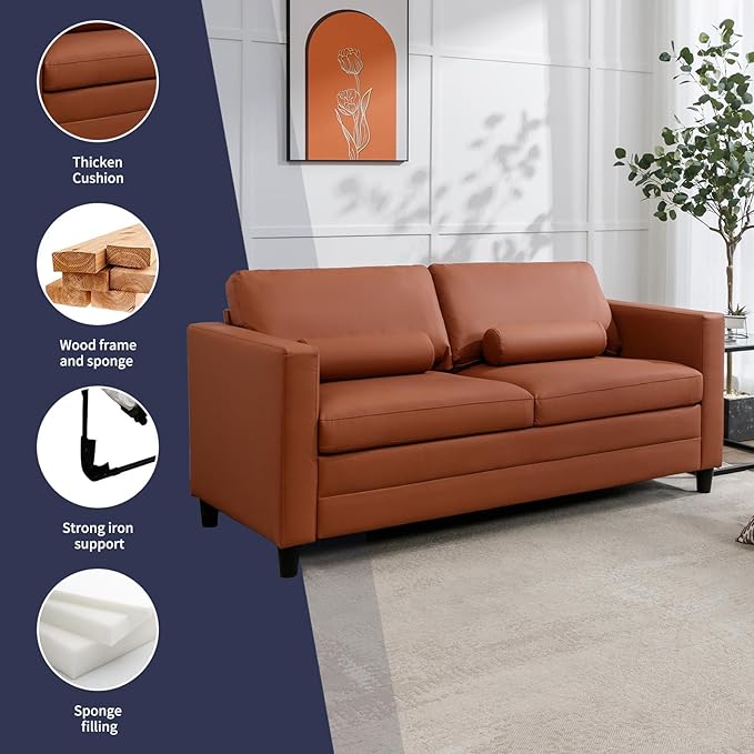 Full Size Pull Out Sofa Bed 2 in 1 Sleeper Sofa with Memory Foam Fold Out Mattress Modern Convertible Couch Bed with Faux Leather for Living Room Guestroom Apartment (Cognac Hue)