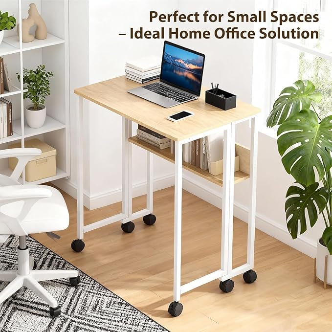 Folding Rolling Desk with Storage Shelf Space-Saving Foldable Computer Table on Wheels Sturdy Steel Frame Portable Sofa Table for Small Spaces Home Office