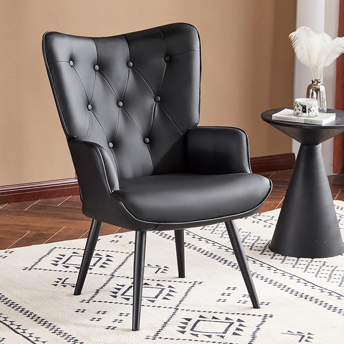 Furniliving PU Leather Accent Chair for Living Room Upholstered Reading Chair with High Backrest Tufted-Button Wingback Armchair for Bedroom Dressing Room Home Office Black