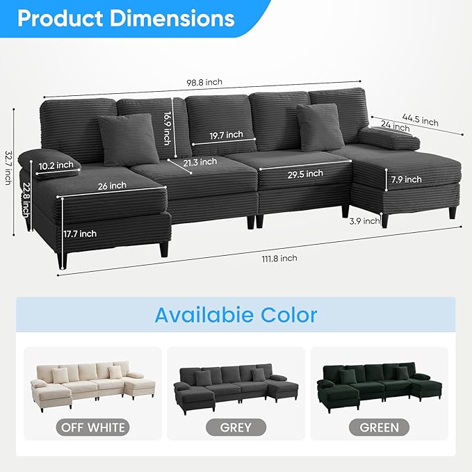 Mjkone 112 Width 4 Seater U Shaped Sofa Couch with Double Chaises Sectional Living Room Sofa Couches with Sleepable Armrest Corduroy Sleeper Sofas Couch Set for Living Room Sets Furniture Dark Grey