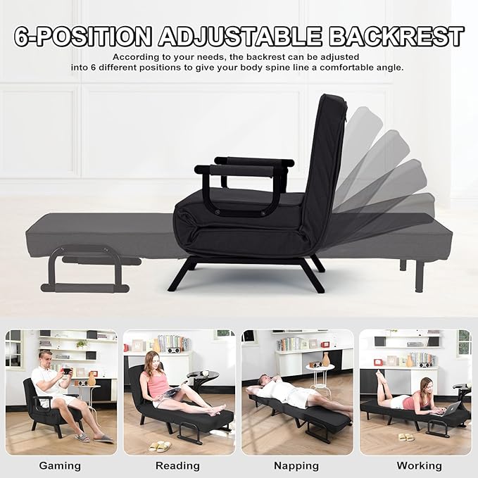 Folding Sofa Bed Sleeper Chair3-in-1 Single Convertible Sofa with Adjustable BackrestLazy Bed Leisure Recliner with PillowTri-fold Upholstered Armchair (Black Standard)