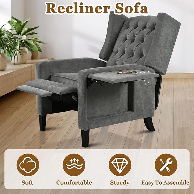 Wingback Recliner Chairs with Foldable Side Table&ampUSB Charging PortsMid Century Accent Single Sofa Small Recliner ChairModern Comfy Pushback Reclining Chair for Living Room (Polyester Grey)