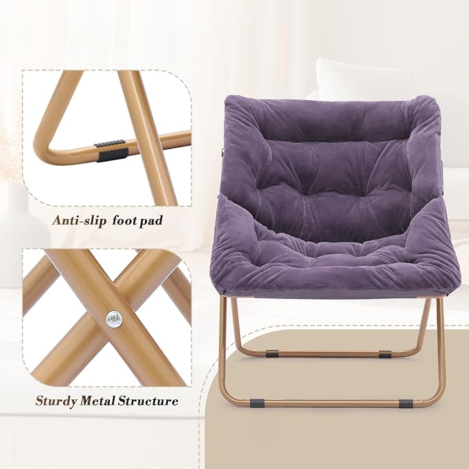 Athena Collection Comfy Saucer Chair and Ottoman Set for Adult Comfortable Faux Fur Square Oversize Folding Reading Chair with Metal Leg Lazy and Cozy for Bedroom Living Room Purple