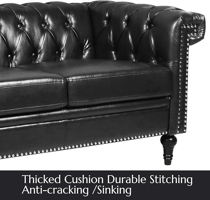 Chesterfield Sofa Black Faux Leather Couches for Living Room Deep Seat Comfy 3-Seater Oversized Couch Button Nailhead Tufted Classic Couches for Bedroom Office Easy to Assemble