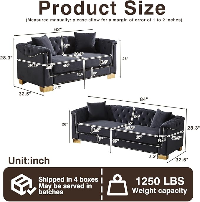 Chesterfield Sofa and Loveseat Set Oversized Mid Century Modern Sofa Couch with Gold Rivet Decoration Cloud Comfy Velvet Upholstered Button-Tufted Couch Set for Living Room Office Black