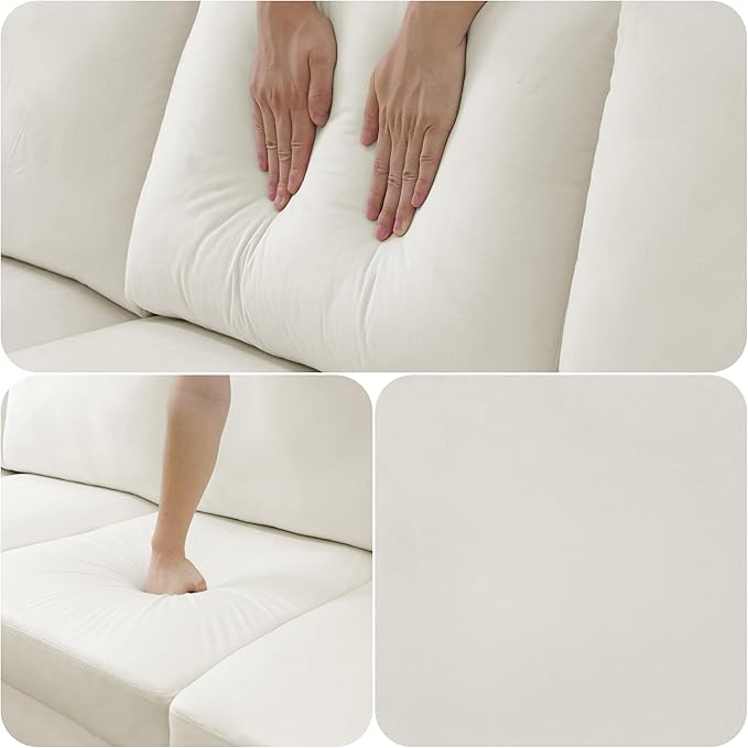 FONTOI L Shape Sofa with Chaise 4 Seat Living Room Sofa Set with Golden Wooden Leg Sectional Couch with Fluffy Fabric for Living Room Apartment Off-White