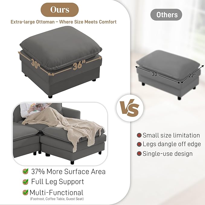 Cloud Couch Sectional Modular Sofa 150.4 Oversized U Shape Comfy Sectional Couches for Living Room 7 Seat Modern Chenille Deep Seat Cloud Sofa with Moveable Ottoman Grey