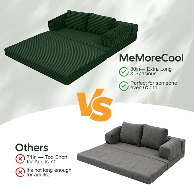 MeMoreCool Convertible Sofa Bed Folding Floor Couch Bed Queen Pull Out Sleeper Couch with Pillows Fold Out Futon Sofa for Bedroom Living Room Small Space Corduroy Beige