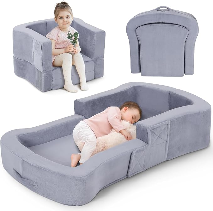 Toddler Travel Bed 2-in-1 Foldable Portable Toddler Bed Sofa Chair Soft Baby Kids Travel Floor Cot with Washable Covers Safety Foam Raised Bumper for Camping Hotel Sleeping (Grey)