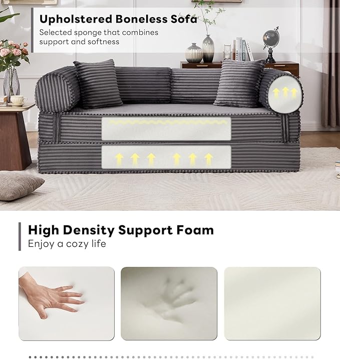 Tbfit 79'' Folding Boneless Couch Oversized Corduroy Convertible Sofa Bed Futon Mattress Sleeper Sofa Comfy Foldable Upholstered Floor Couches for Living Room Gray