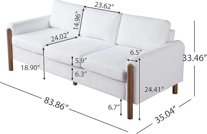 Merax 83.86 3-Seater Sofa Curved Armrest with Integrated Solid Wood Legs Teddy Velvet Fabric High Weight Capacity (250 lbs/seat) Durable Solid Wood Frame Cream White