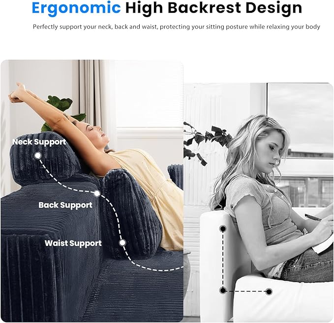 106’’ Sectional Couch with High Backrest L-Shape Modular Sectional Sofa Convertible Left or Right Chaise Cloud Corduroy Boneless Couches Comfortable for Living Room(Black)