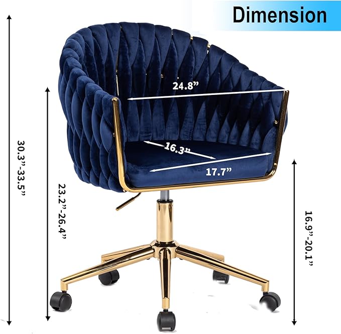 Velvet Office Chair with Back Vanity Chairs with Wheels 360° Swivel Velvet Home Office Desk Chair Accent Chair Makeup Vanity Chair for Bedroom Living Room(Blue)