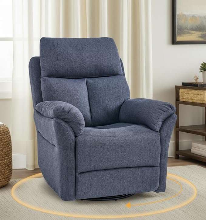 Oversized Rocker Recliner Chair Manual Swivel Rocking Recliners with Adjustable Backrest Footrest for Adults 360° Swivel Lazy Boy Recliner Chairs for Living Room Reading Bedroom Blue