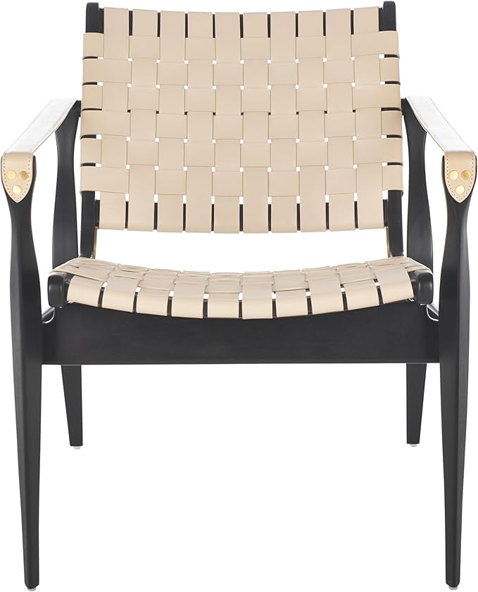 SAFAVIEH Couture Collection Dilan Black Solid Wood/White Genuine Leather Safari Chair (Fully Assembled)