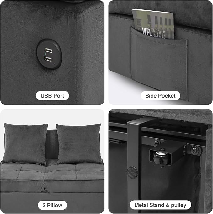 Sofa Bed 4-in-1 Convertible pull out Couch Velvet Love seat Couch Sleeper Chair Bed with 2 Throw Pillow Single Recliner with 5 Adjustable Backrests for Living Room Apartment Small Space Dark Grey