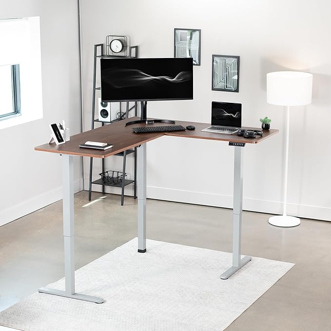 VIVO Corner Standing Desk 63 x 55 inch Reversible L-Shaped Workstation Electric Height Adjustment Home Office and Reception Rooms Dark Walnut Table Top Gray Frame DESK-E3CTGD