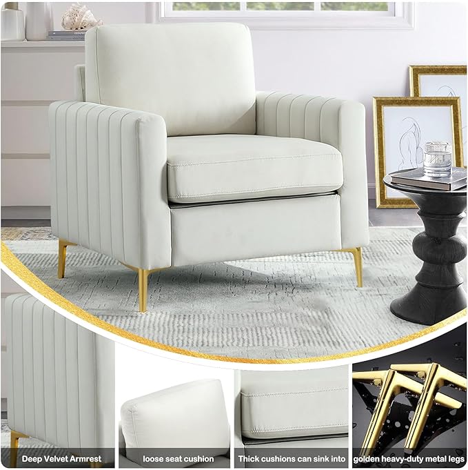 Tufted Velvet Accent Chair with Gold Legs Mid-Century Modern Single Sofa Chair Comfy Upholstered Soft Arm Chair Living Room Furniture Reading Bedroom Club Waiting Room (Beige)