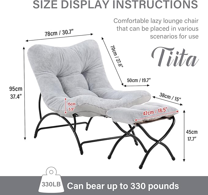 Tiita Accent Lazy Chair with Ottoman Comfy Lounge Chair with Metal Frame and Plush Fabric Thick Cushion Seated Cozy Recliner Chair for Reading Room Living Room Bedroom Office Light Gray
