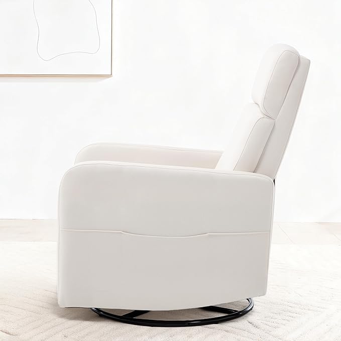 Swivel Rocking Recliner Chair for Adults Upholstered Fabric Glider Recliner Reclining Chair with Side Pockets and Double-Thick Cushion for Living Room Bedroom Nursery (Beige)