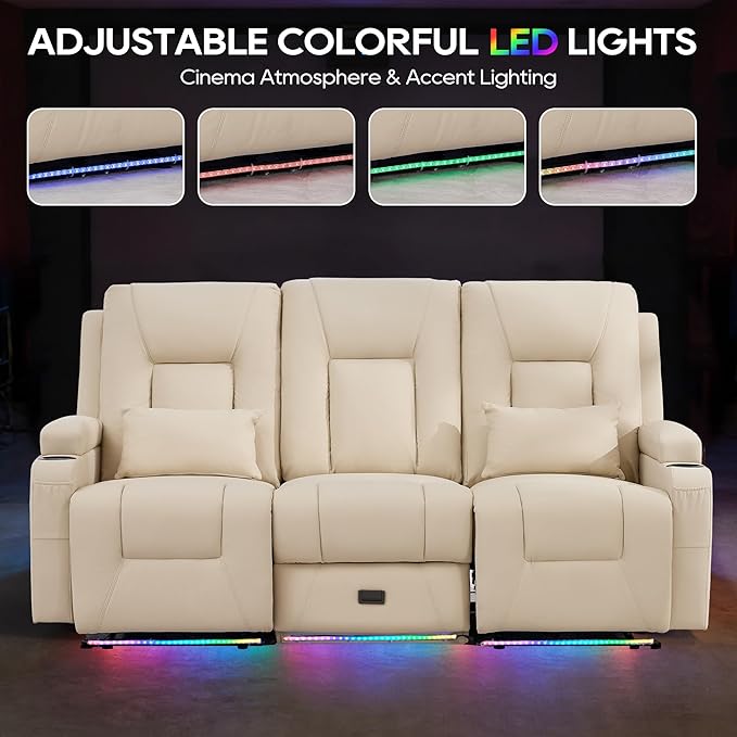 IPKIG Power Recliner Loveseat with Flip Middle Backrest Zero Wall Hugger Sofa Couch Faux Leather 3-Seater Sofa with LED Lights AC Outlets USB Ports Cup Holders Beige | Storage Drawer Electric C