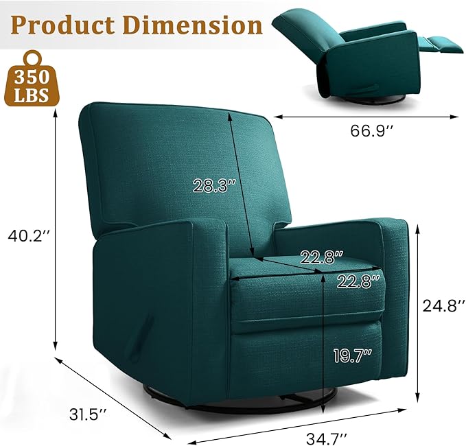 Swivel Rocker Recliner Chair for Adults High Back Fabric Recliner with Deep Seat Manual Glider for Living Room &amp Nursery Green