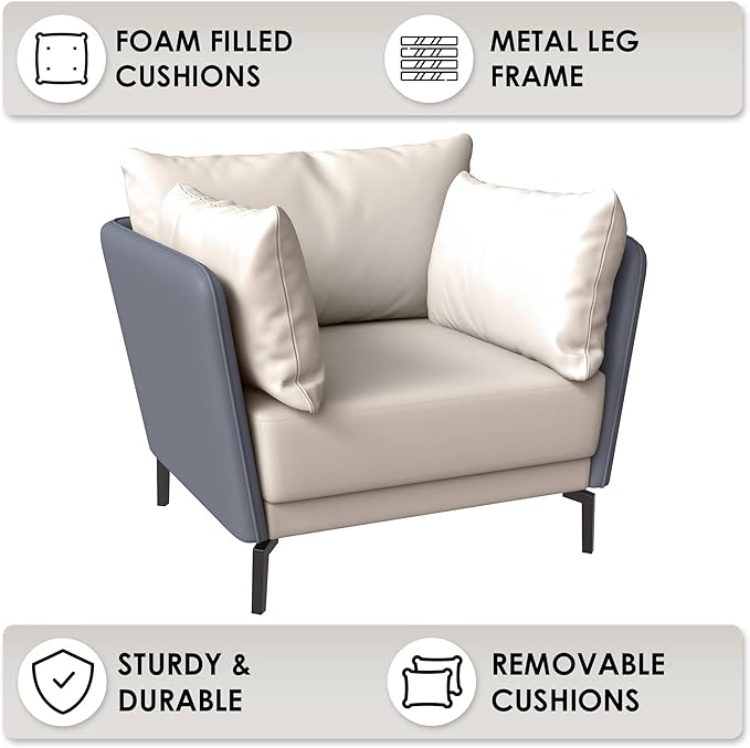 LeisureMod Modern Single-Seater Sofa Couch Contemporary Lounge Accent Side Armchair Upholstered PU Leather with Metal Legs and Foam Filled Seat for Living Room Office Bedroom Luxify Series in Grey