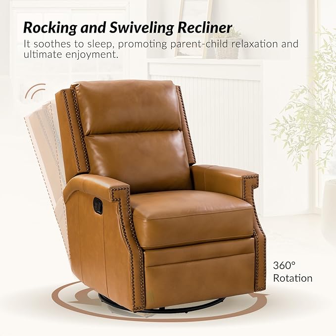 HULALA Home Genuine Leather Swivel Rocker Recliner Modern Manual Glider Recliner Chair with Adjustable Backrest &amp Footrest360 Degree Swivel Home Theater Sofa Armchair for Living Room Bedroom Ca