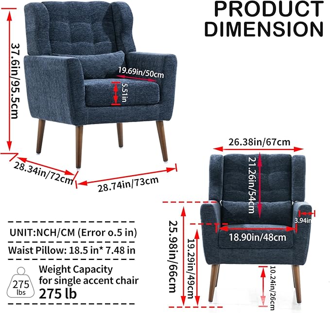 KEIKI Modern Accent Chair Chenille Armchair with Pillow Upholstered Arm Chairs with Solid Wood Legs Soft Padded Lounge Chair Mid Century Reading Chair for Living Room Bedroom Dark Blue