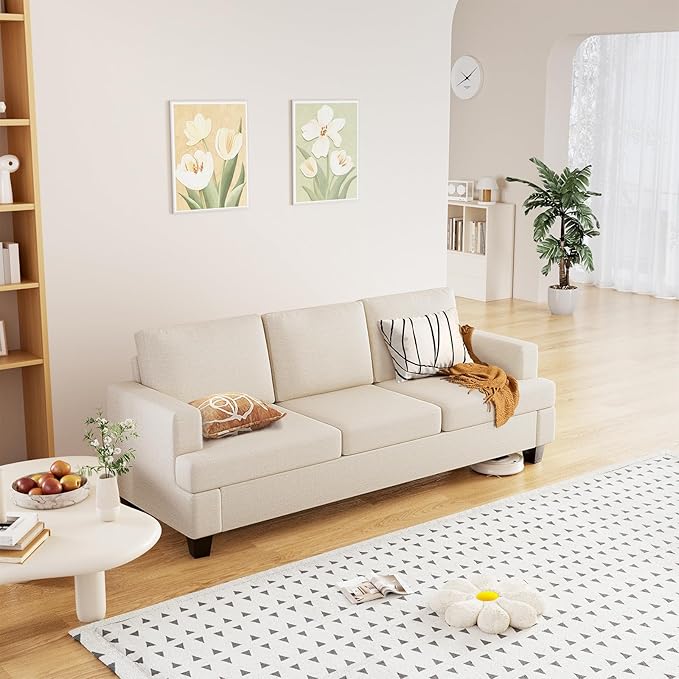 Furnimart 85 inch Deep Seat Sofa Modern 3 Seater Couch Beige Linen Sofa Comfy Cloud Couch for Living Room Cozy Fluffy Sofas with Removable Sofa Cover Small Couches for Small Spaces