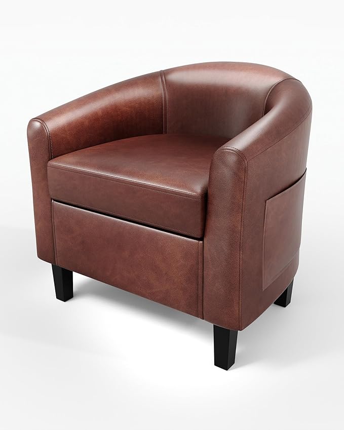 DEXSO Faux Leather Barrel Chair Accent Club Chair with U-Shaped Backrest &amp Soft Padded Seat – Elegant Armchair for Living Room Bedroom Office &amp Waiting Areas-Brown
