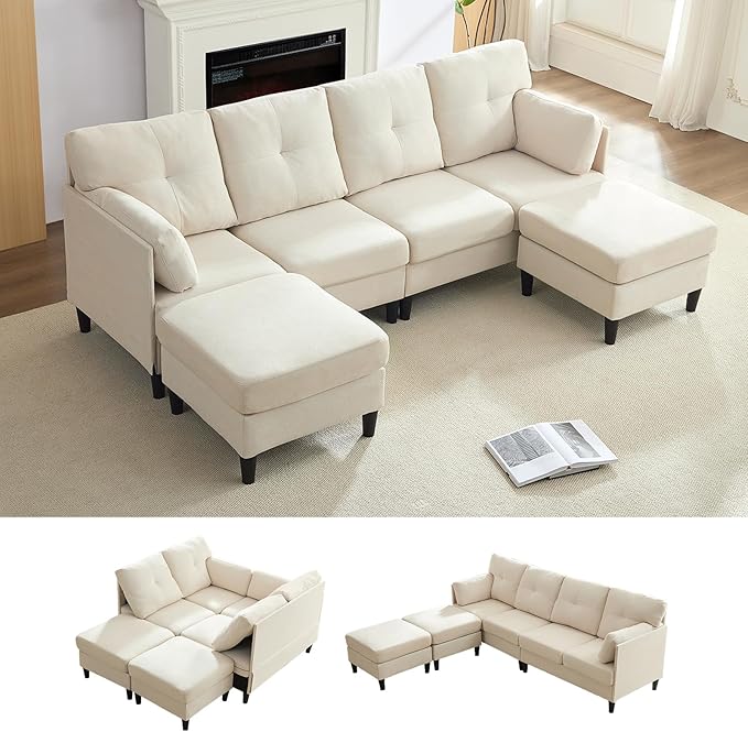 PUREMIND Sectional Home Sofa Living Room Modern U-Shaped Sofa Couches with Double Chaise Upholstered 4 Seater Sofa for Living Room Apartment Beige